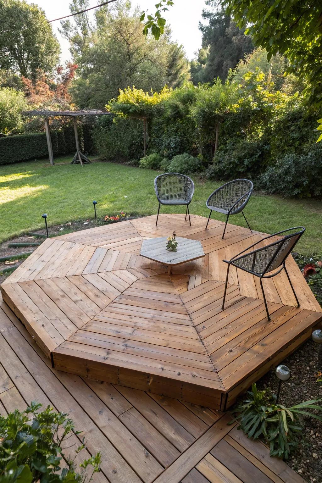 Step into creativity with this stunning hexagonal pallet deck—where unique design meets natural elegance.