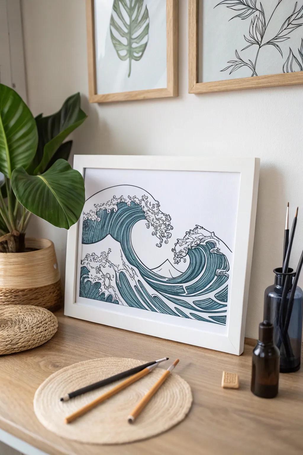 Immerse yourself in the calming essence of the sea with this stunning pen and ink ocean wave art.
