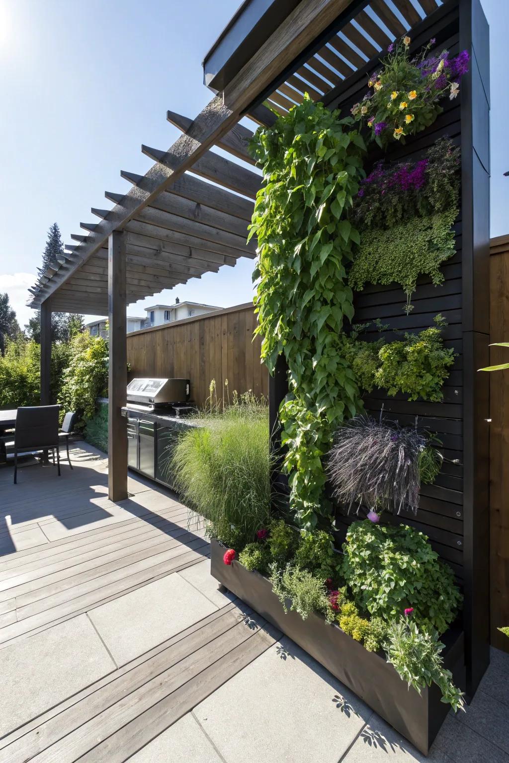 Elevate your outdoor grilling experience with a stylish pergola and vertical garden combo.