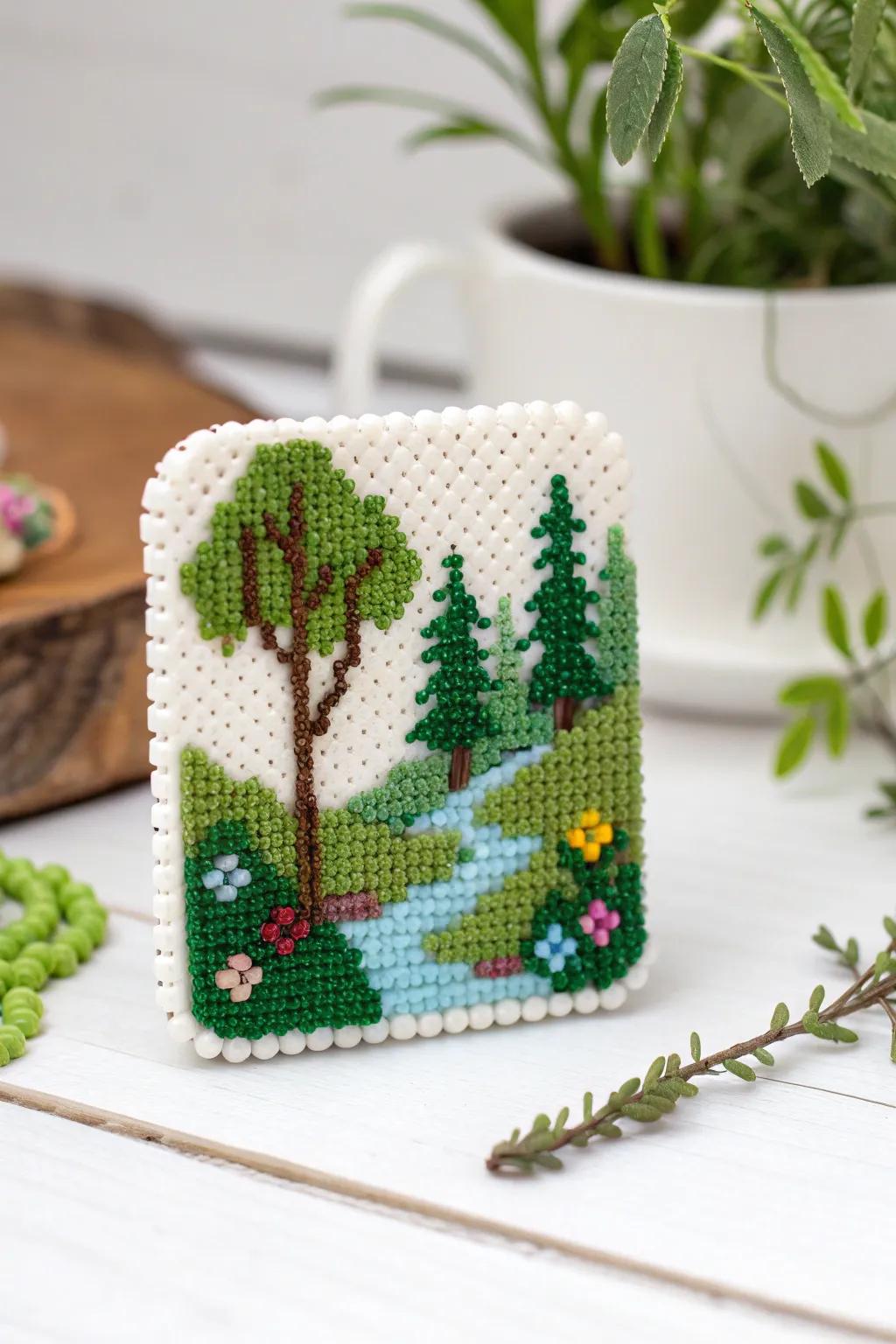 Bring a touch of serene nature to your space with these tiny, handcrafted perler bead forest scenes.