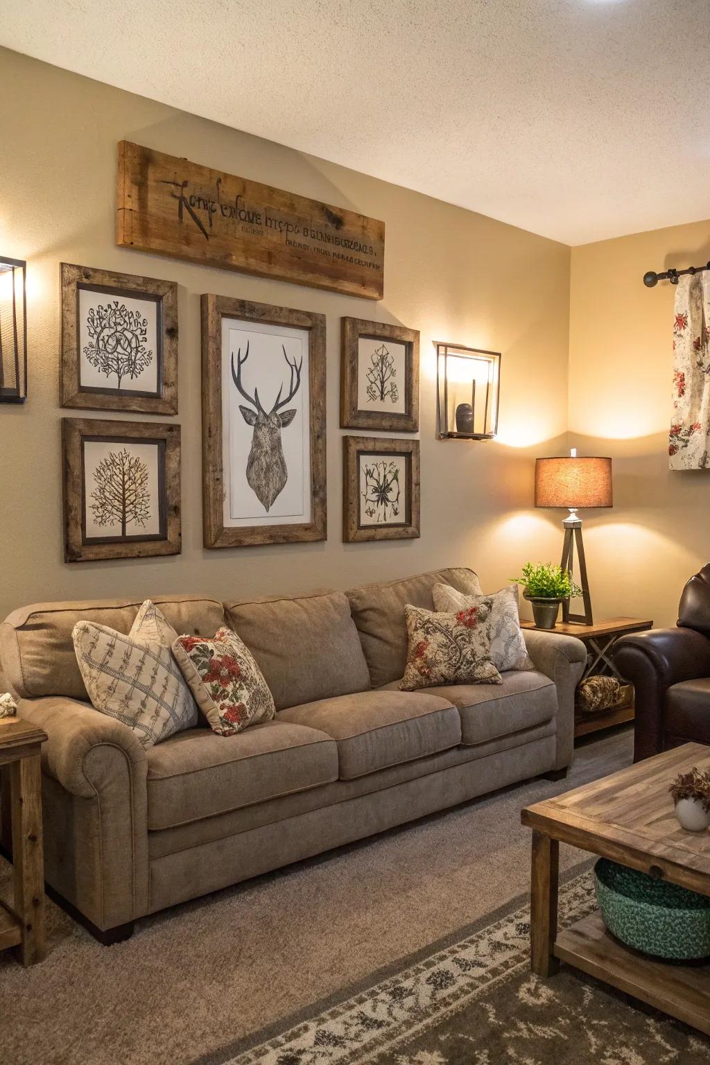 Personalized wall art adds character and individuality to this rustic glam room.