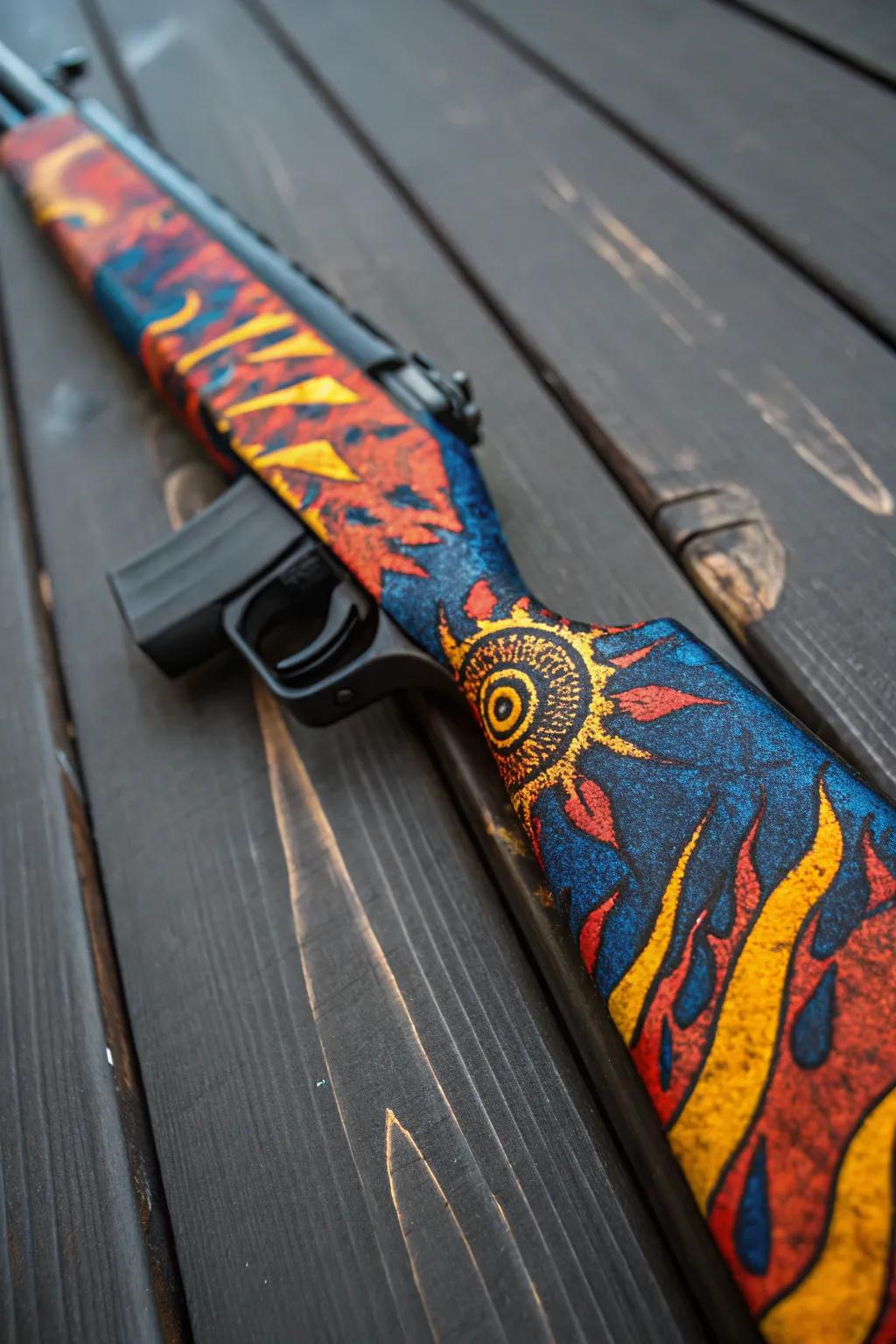 Unleash your artistic side with a sponge-painted rifle stock that stands out as a vibrant masterpiece.