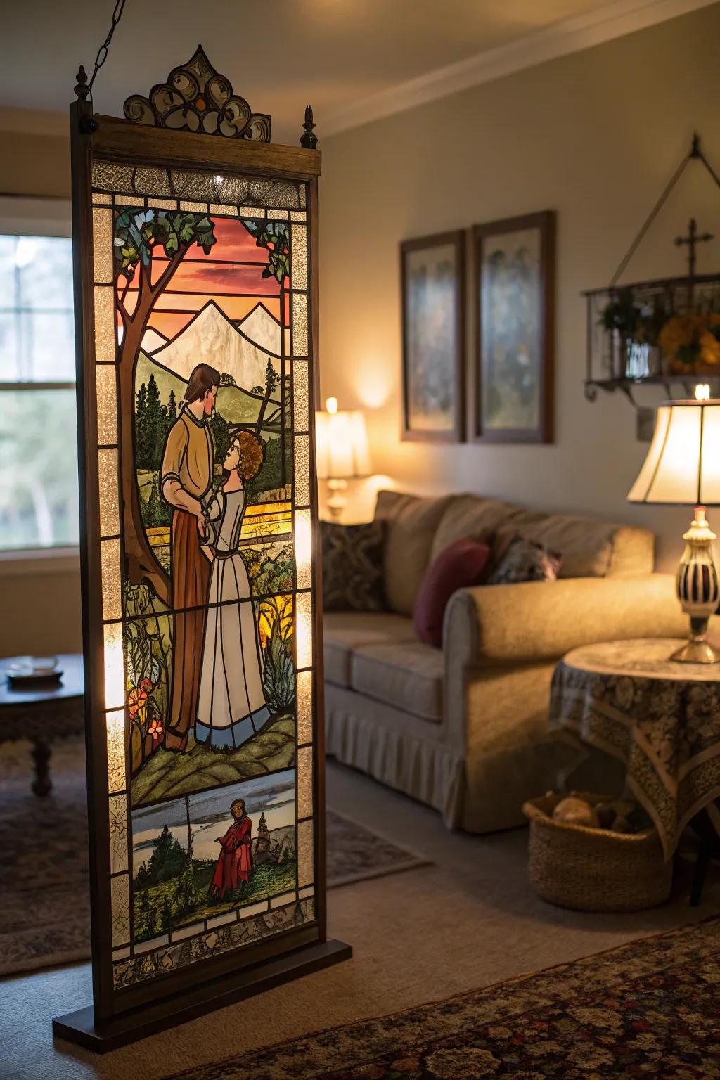 Storytelling stained glass capturing their love journey.