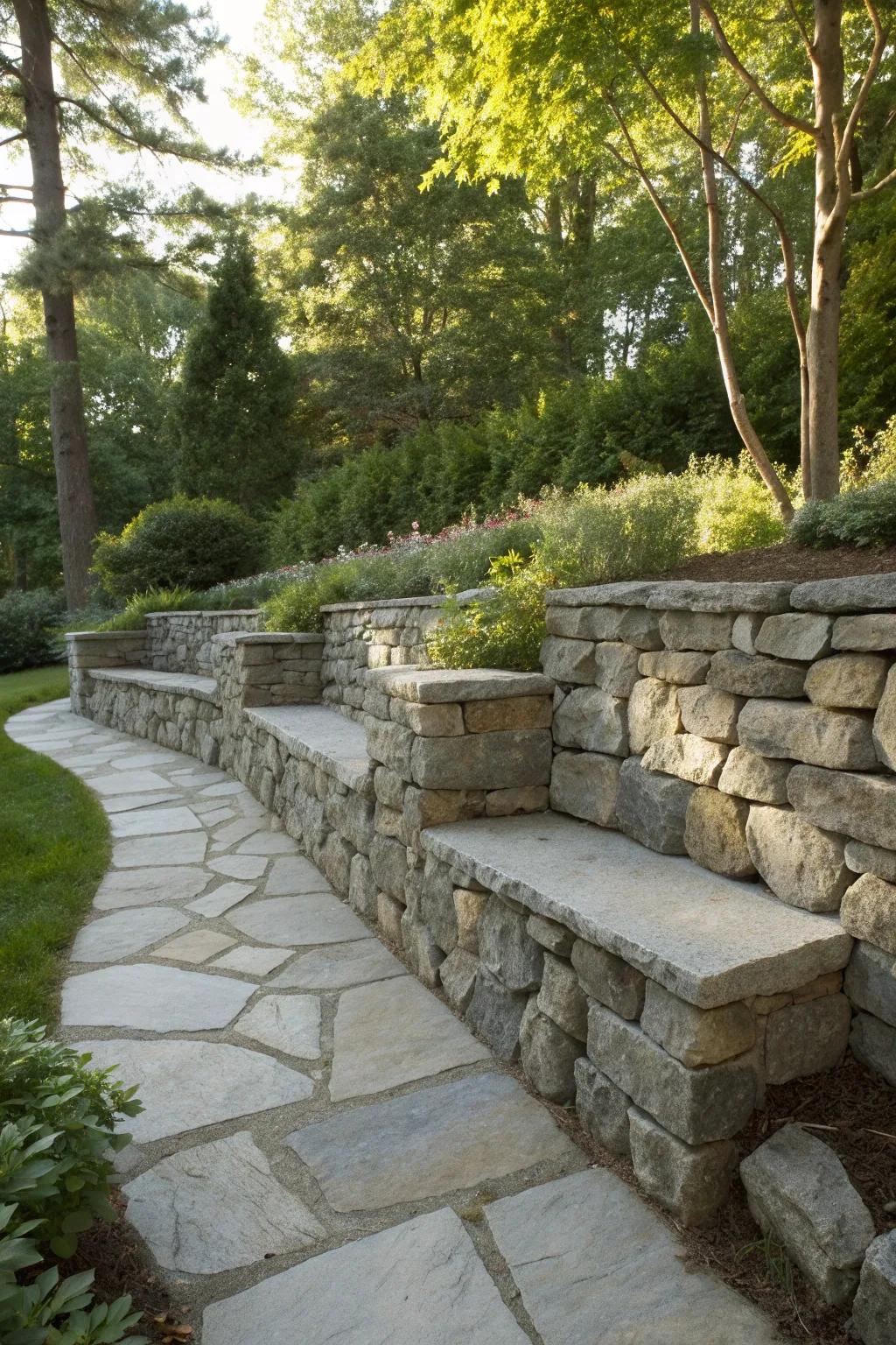 Transform your garden into an inviting retreat with elegant stacked stone walls that offer both style and seating.