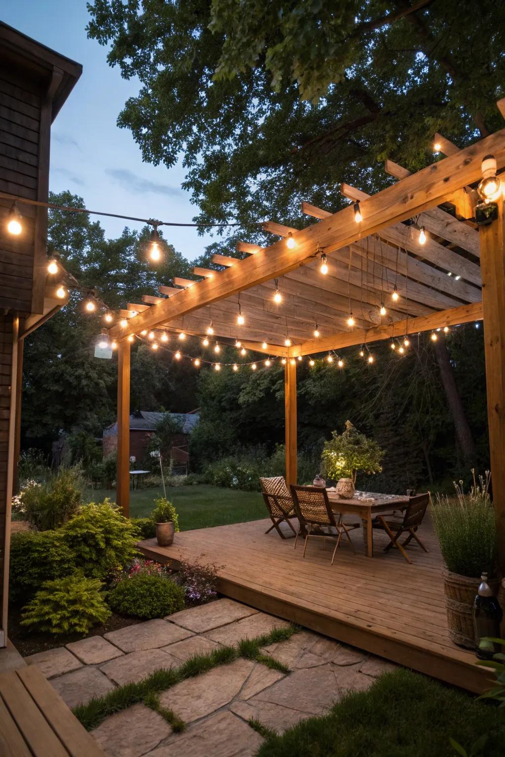 Utilize existing overhead structures to effortlessly hang your string lights.