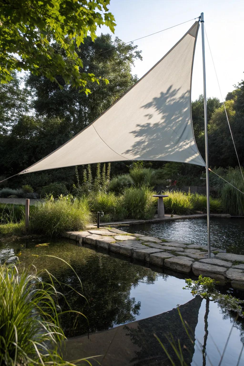 Transform your garden oasis with a stylish sun shade sail over water, combining elegance with refreshing coolness.