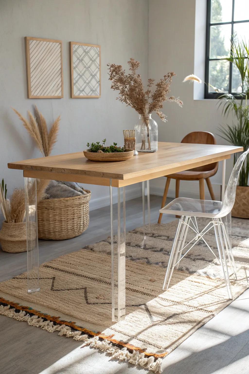 Elevate your dining space with the illusion of floating elegance. Discover the beauty of acrylic legs.