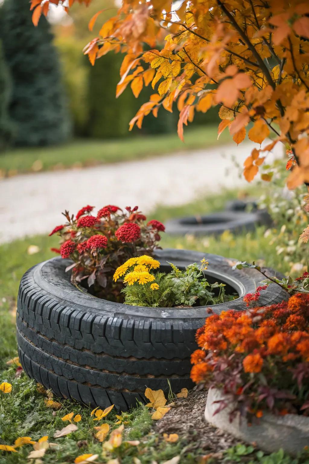 Transform your garden with a seasonal tire planter that evolves with the changing seasons.