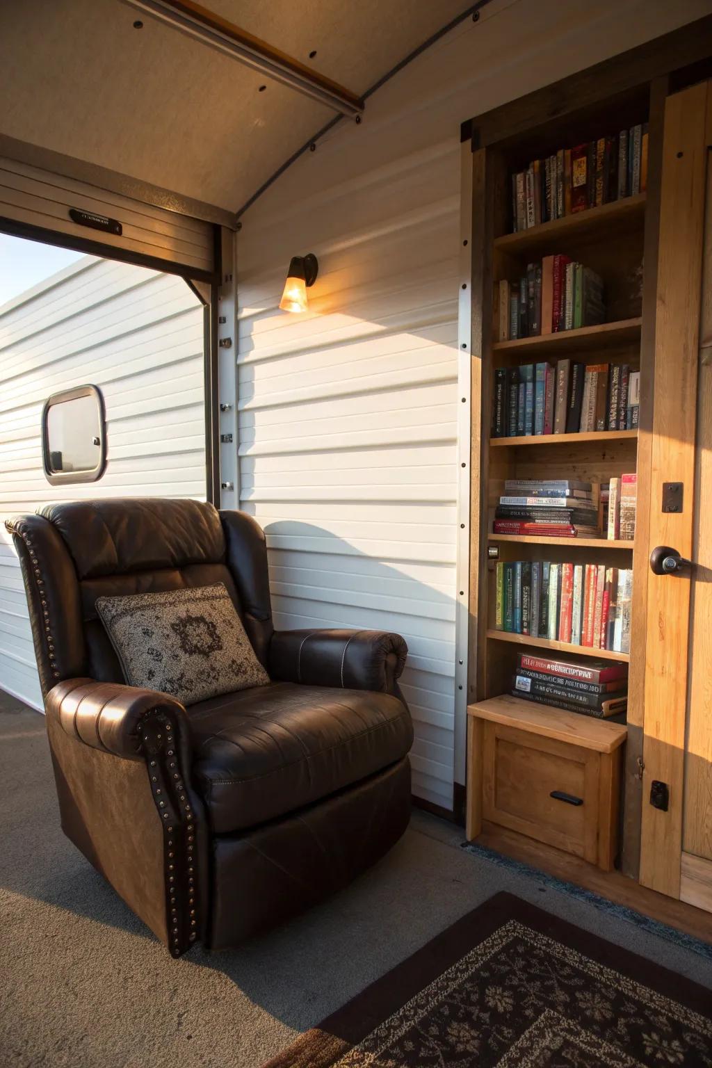 Find your escape on the road with this cozy reading nook in your toy hauler.