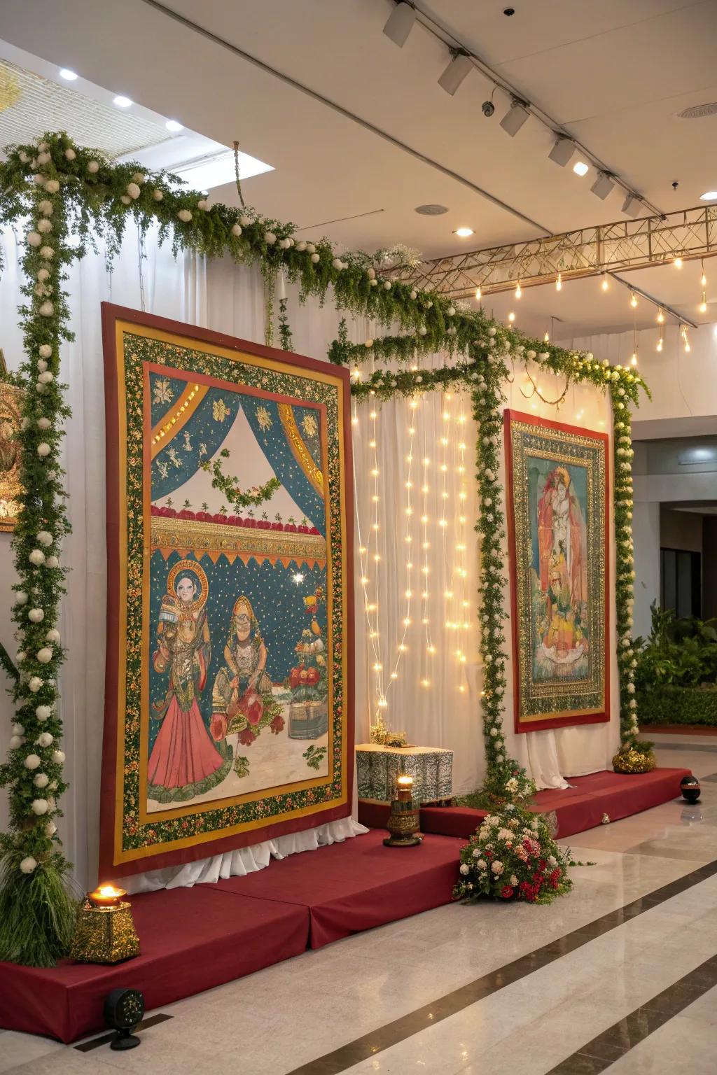 Traditional art forms adding cultural depth to the Varalakshmi Vratam setting.