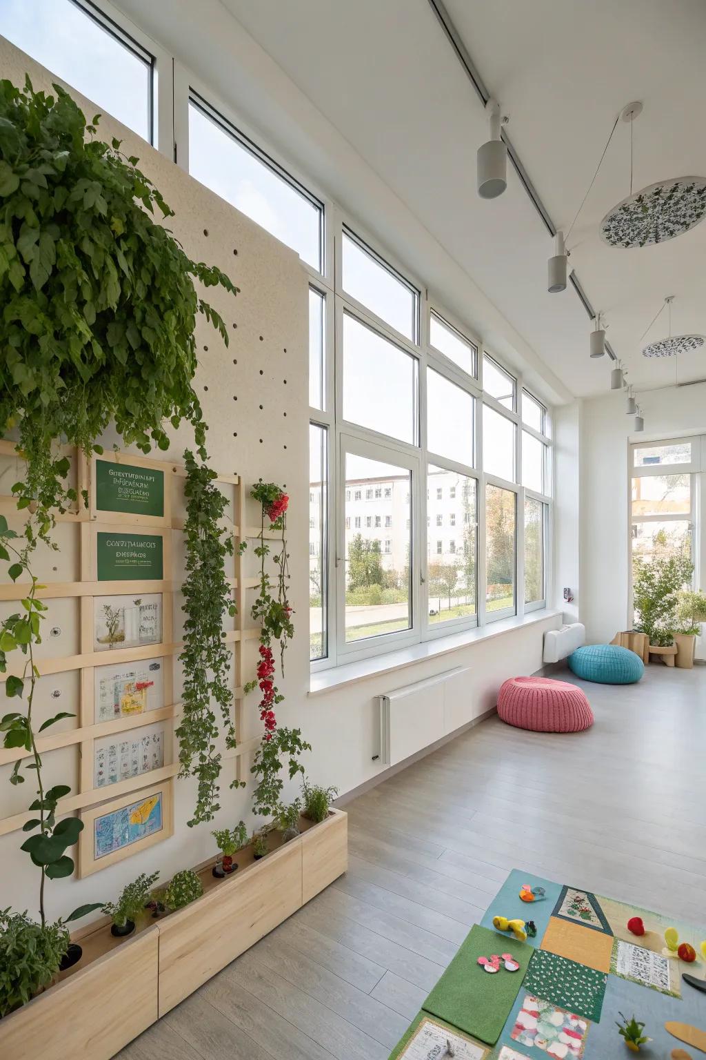 A modern playroom featuring interactive plant boards, encouraging creativity and flexibility in design.