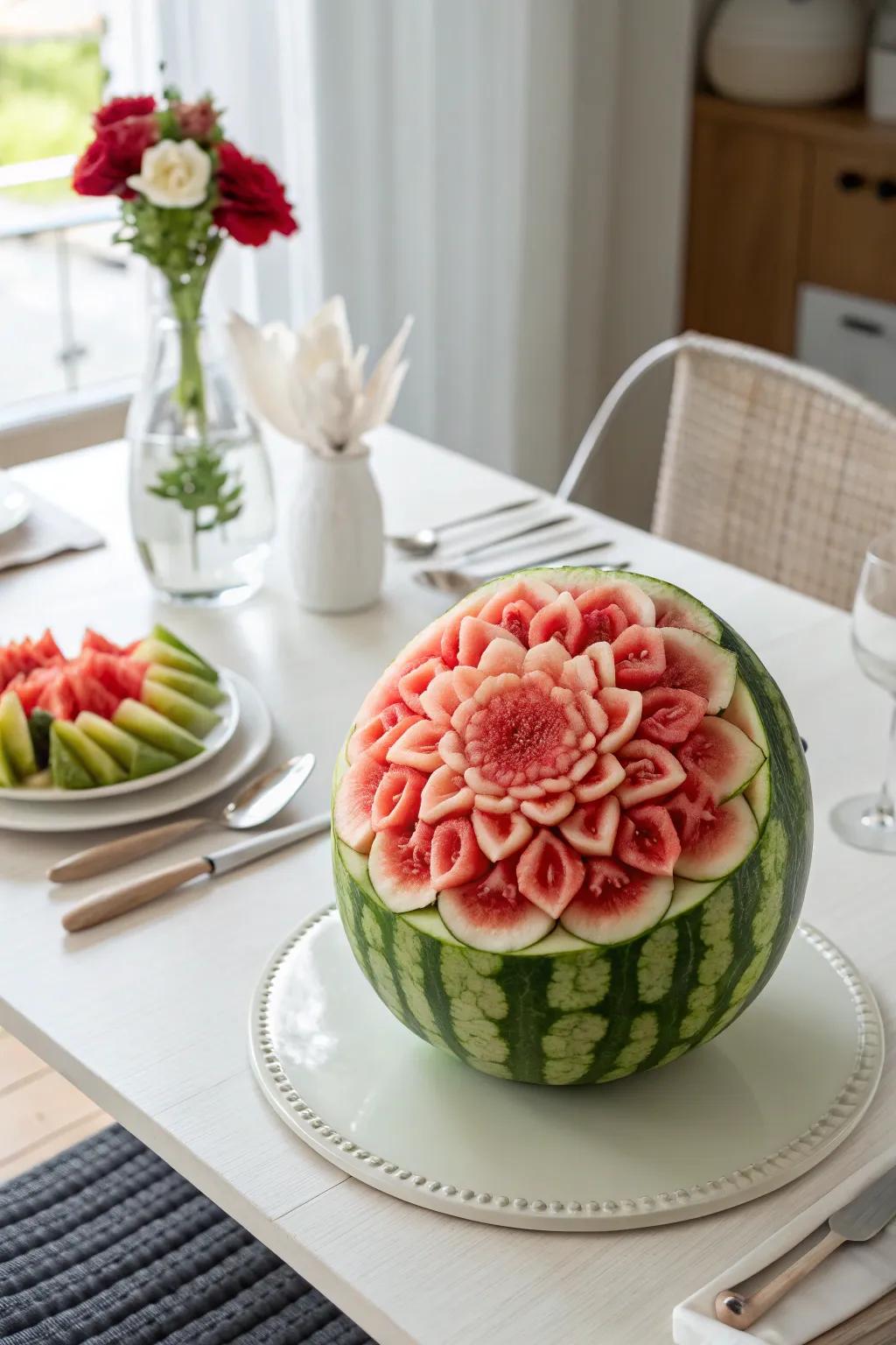 Elevate your dining experience with a stunning carved watermelon centerpiece, where art meets taste.