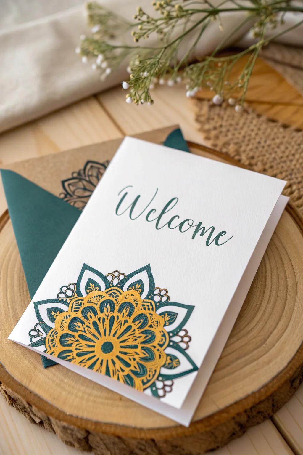 Surprise and delight with this artisan-crafted pop-up welcome card, where simplicity meets bold elegance.