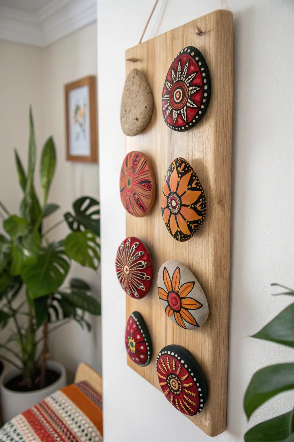 Transform your space with a stunning painted rock wall display—where minimalism meets bohemian artistry.