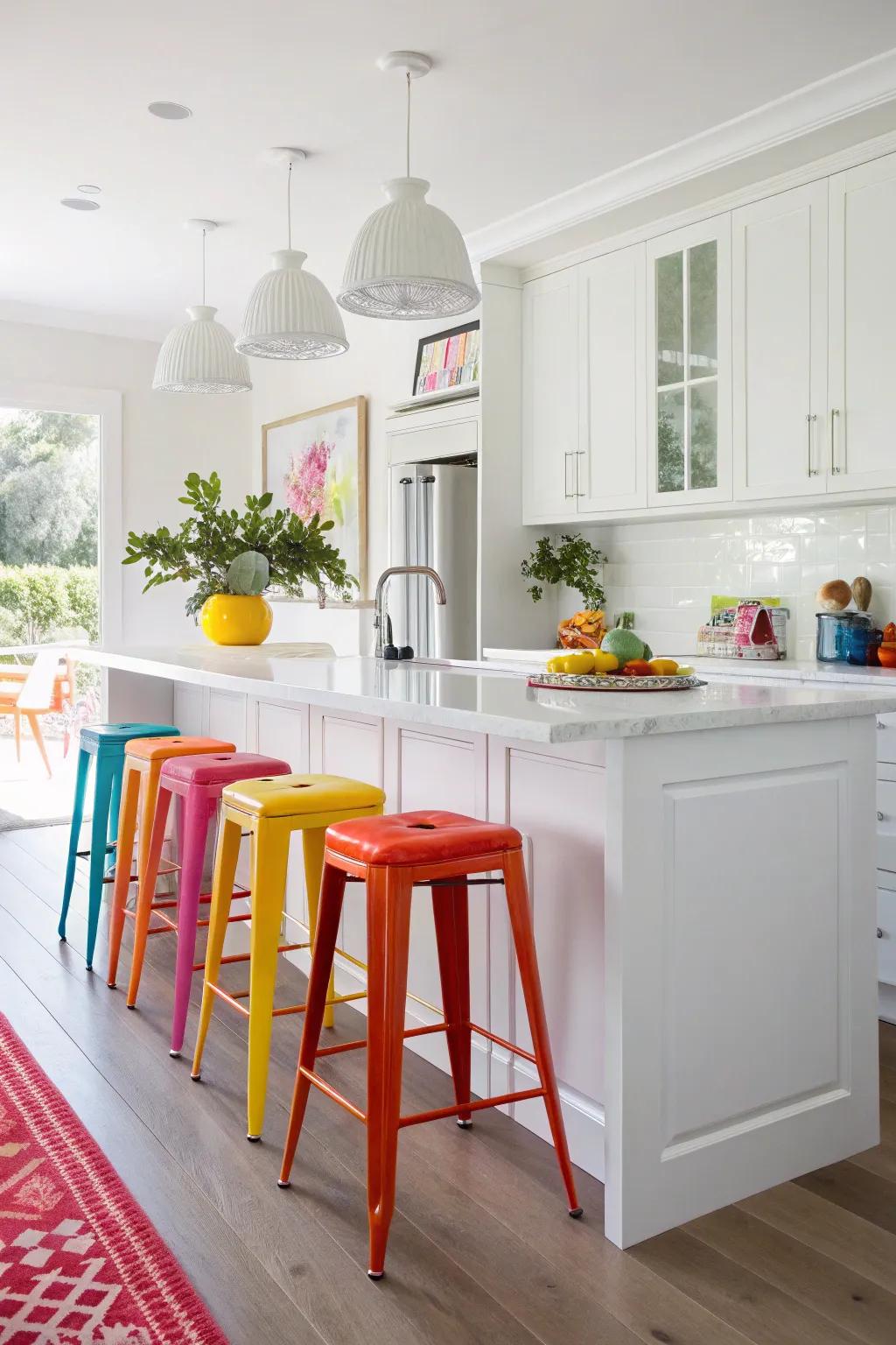 Bold accent colors that inject energy and personality into a white kitchen.