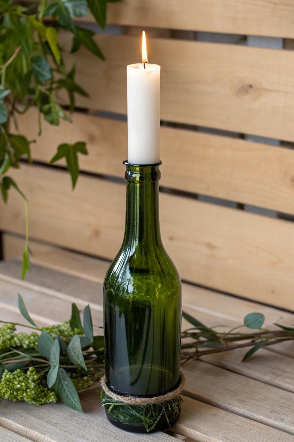 Elevate your garden's ambiance with the enchanting glow of a wine bottle candle holder.