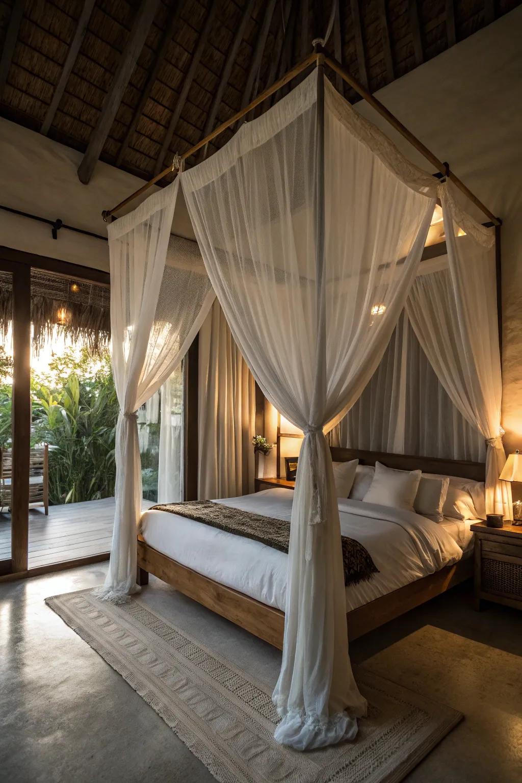 A canopy bed transforming the bedroom into a mystical retreat.