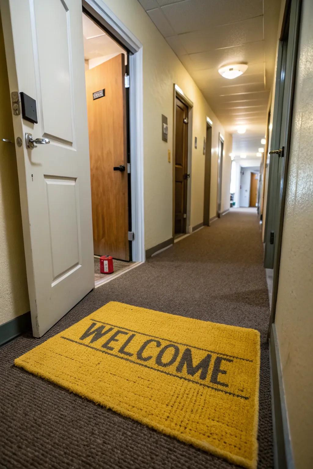 A yellow welcome mat sets a cheerful tone for your room.