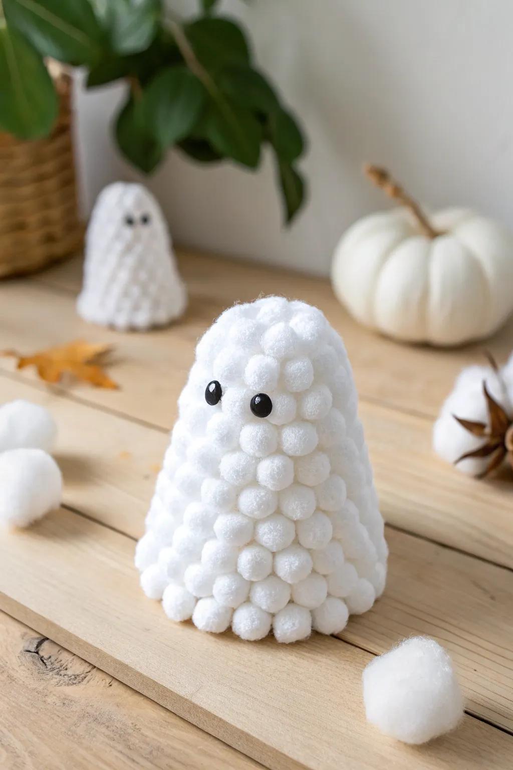 Embrace the charm of simple creativity with this whimsical cotton ball ghost, perfect for a touch of spooky elegance this Halloween.
