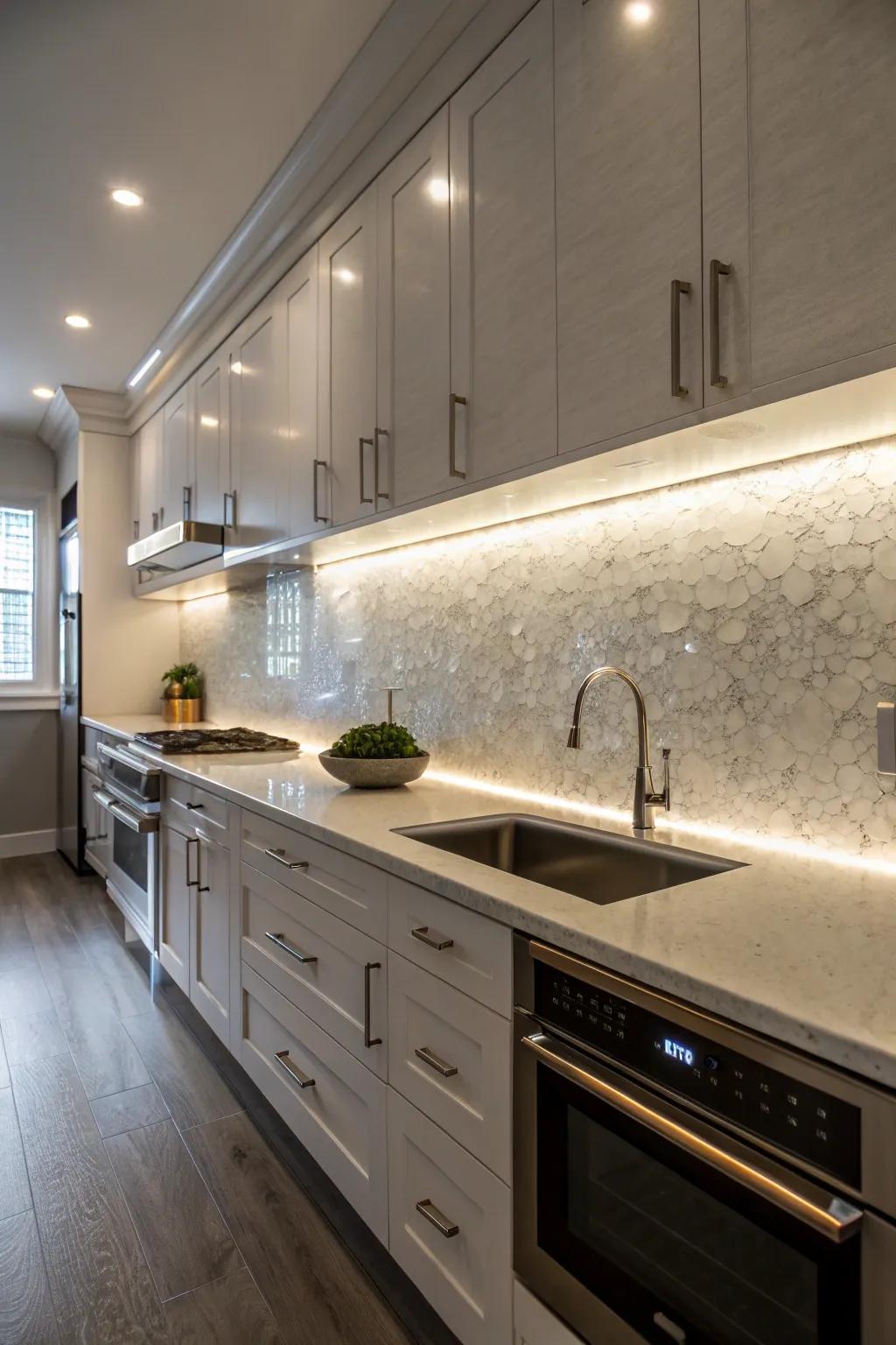 Warm under-cabinet lighting enhances the natural beauty of the quartz backsplash.
