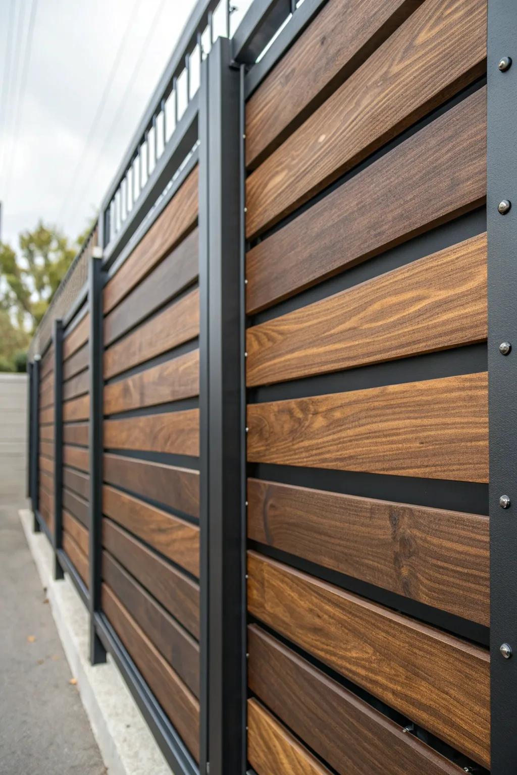 Elevate your outdoor space with a sophisticated horizontal slat fence that masterfully blends wood and metal for a contemporary look.