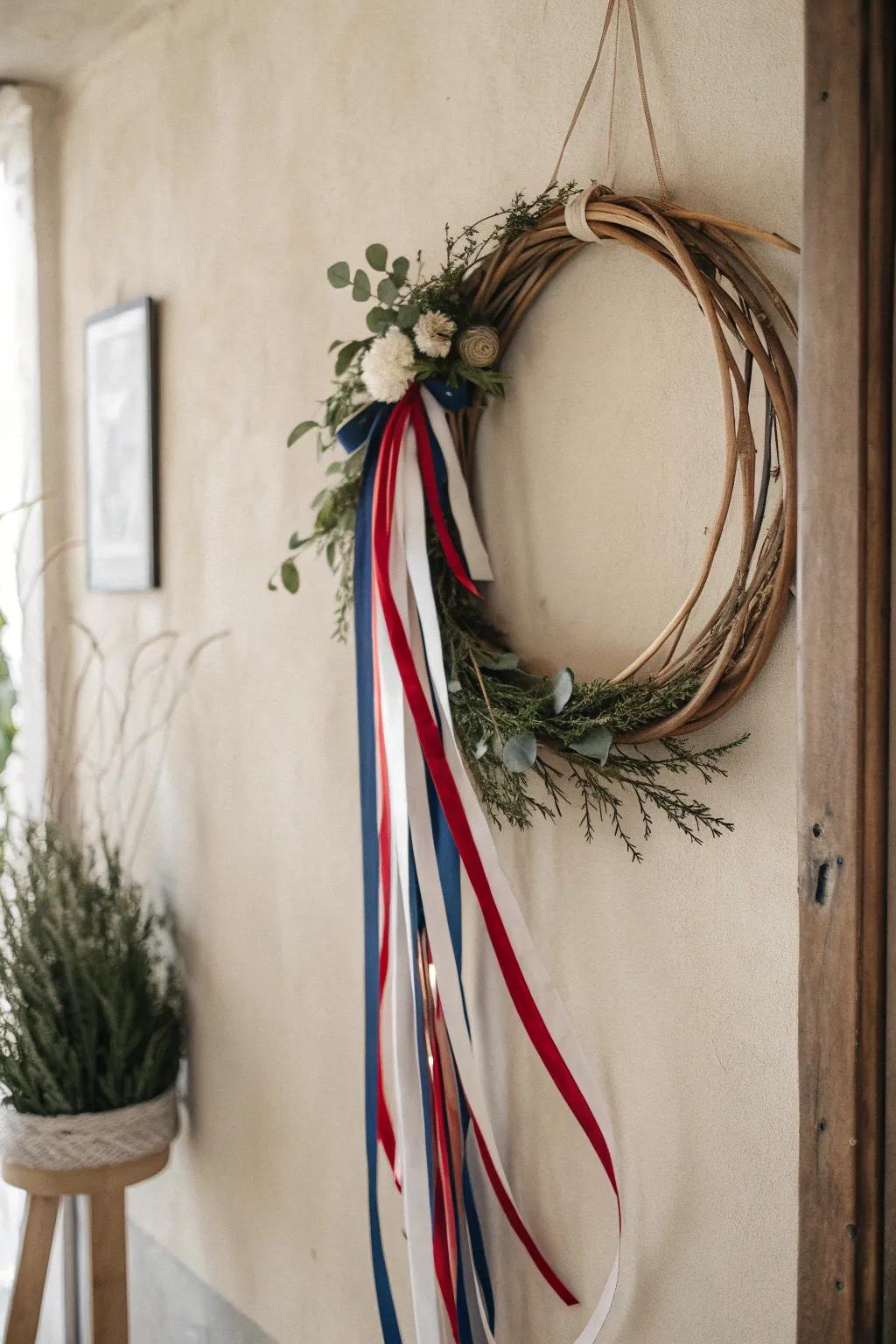 Celebrate with simplicity and style: A Ribbon Explosion Wreath that adds a touch of vibrant elegance to your 4th of July decor.