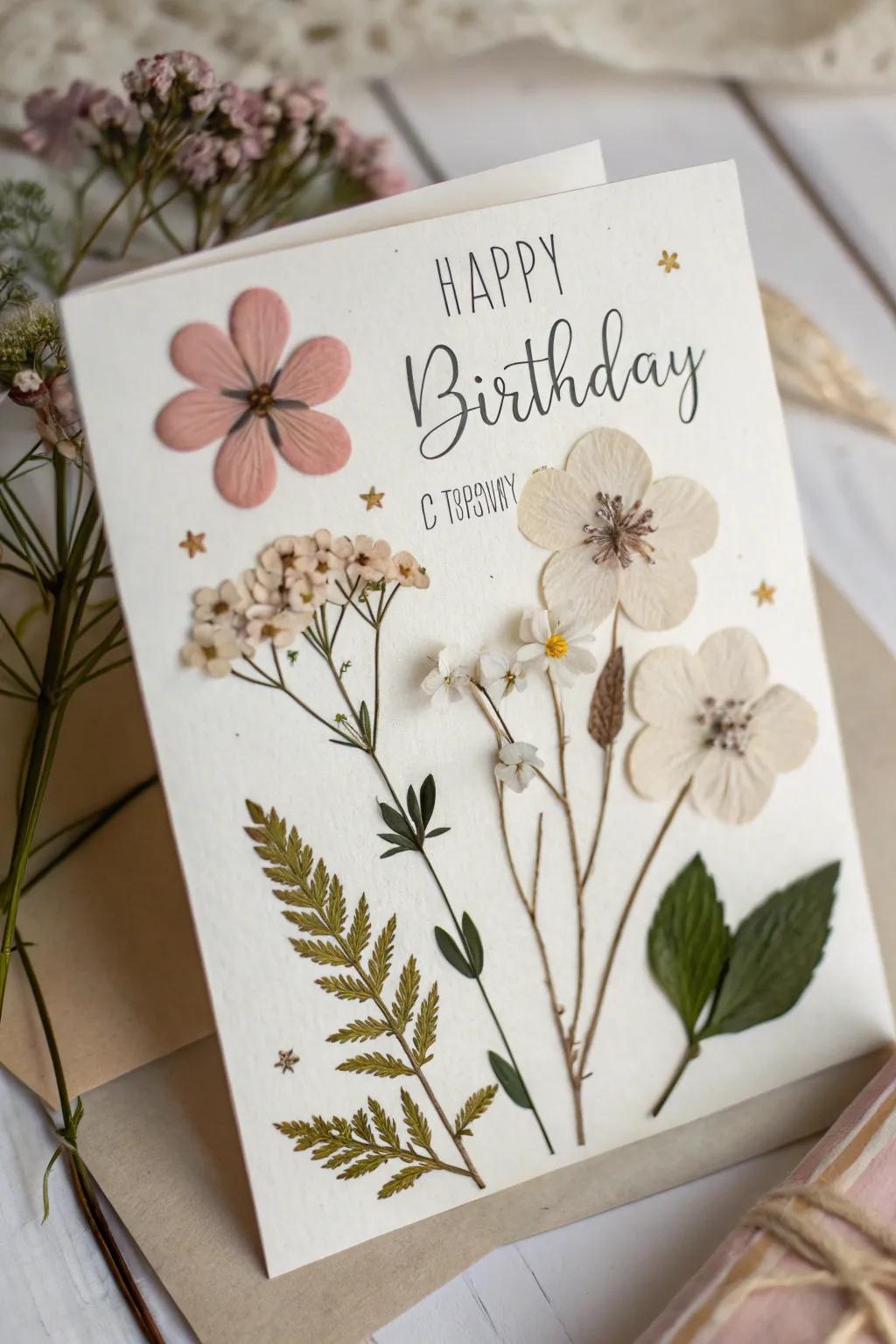 Delicate blooms meet minimalist design in this handcrafted birthday card, embodying nature's elegance.