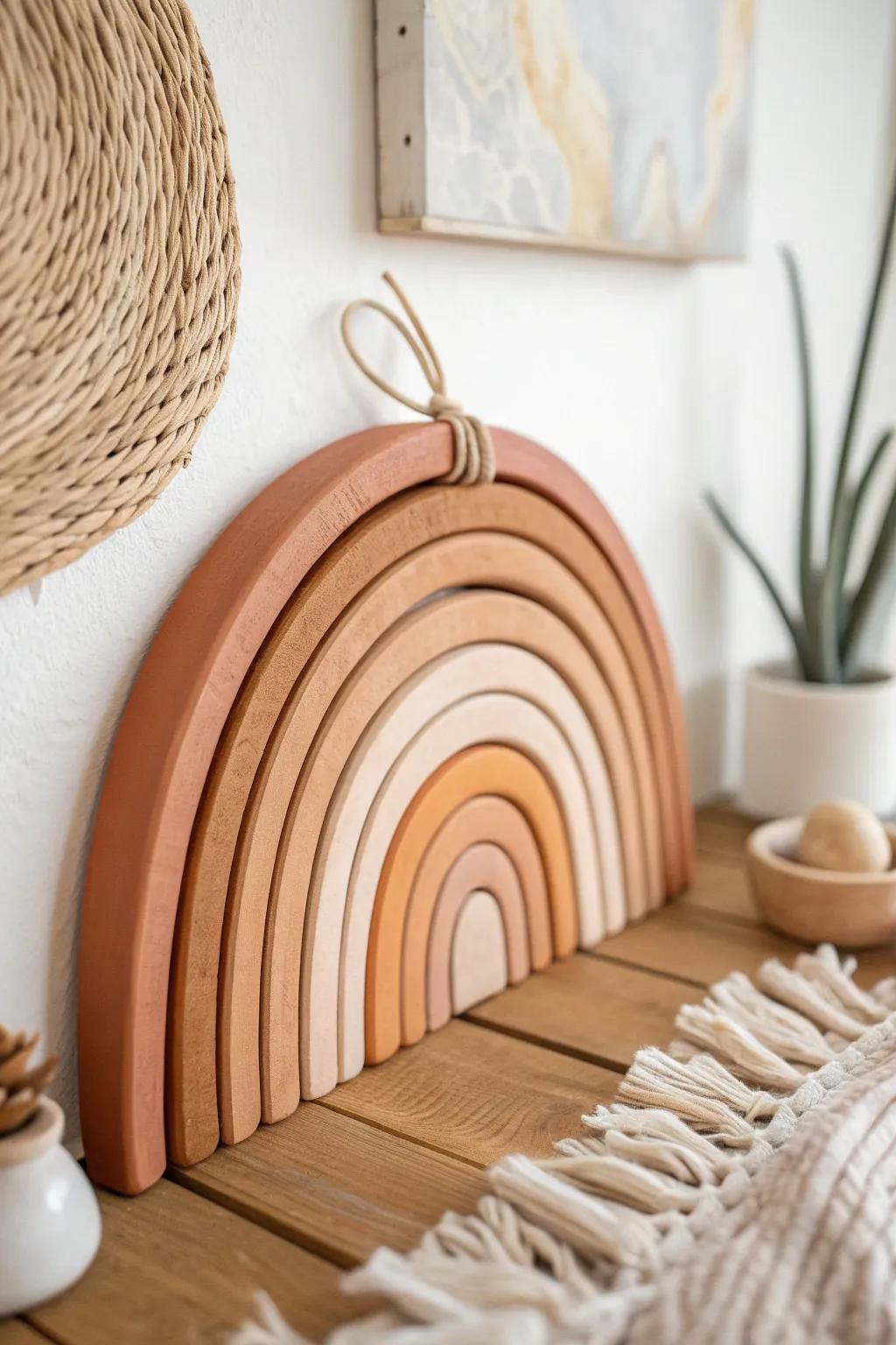 Elevate your space with the warm elegance of boho rainbow decor, crafted from air dry clay in soothing terracotta hues.