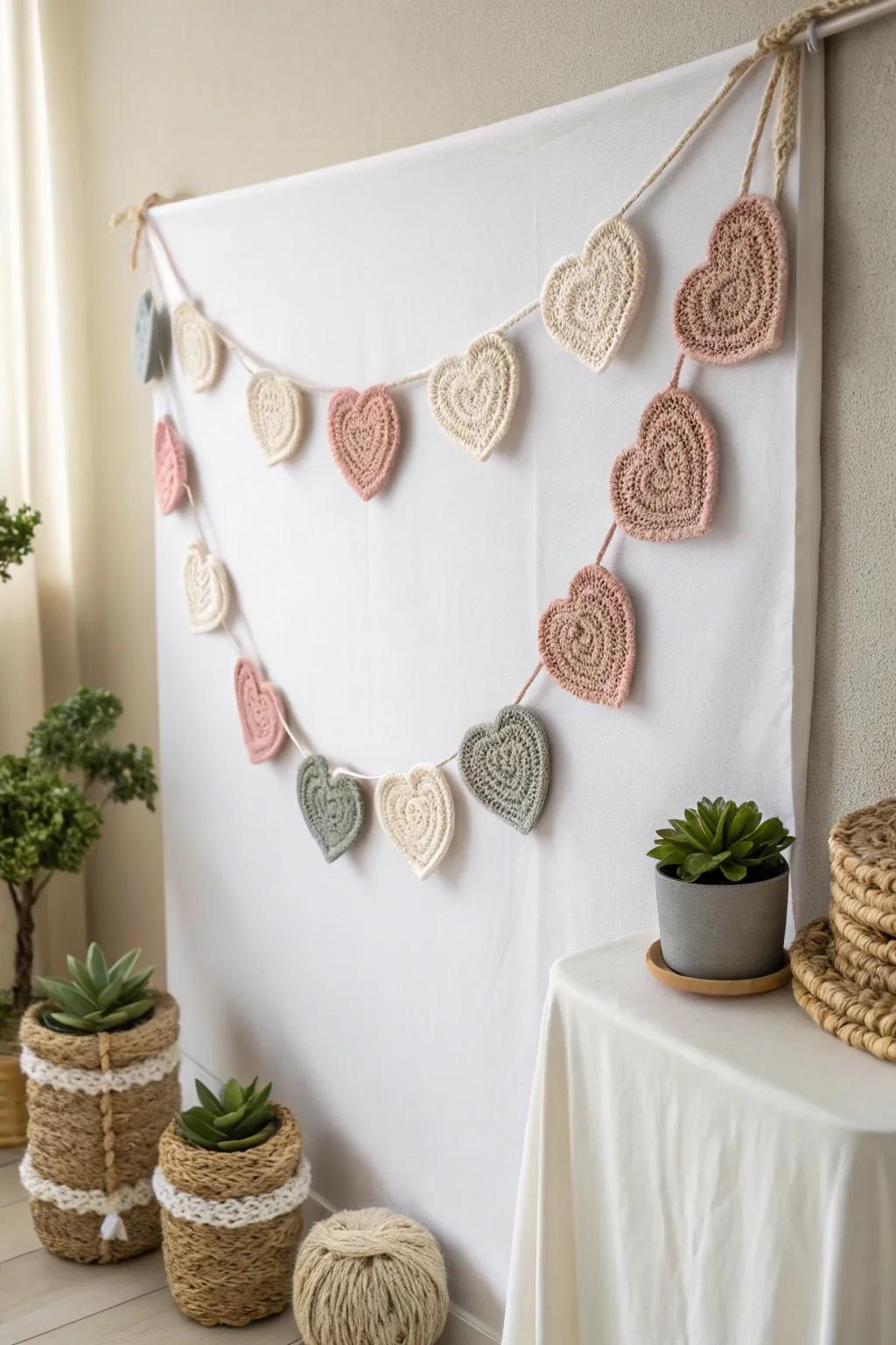 Add a touch of romance and warmth with this charming heart-shaped crochet garland, perfect for minimalist and Boho-inspired spaces.