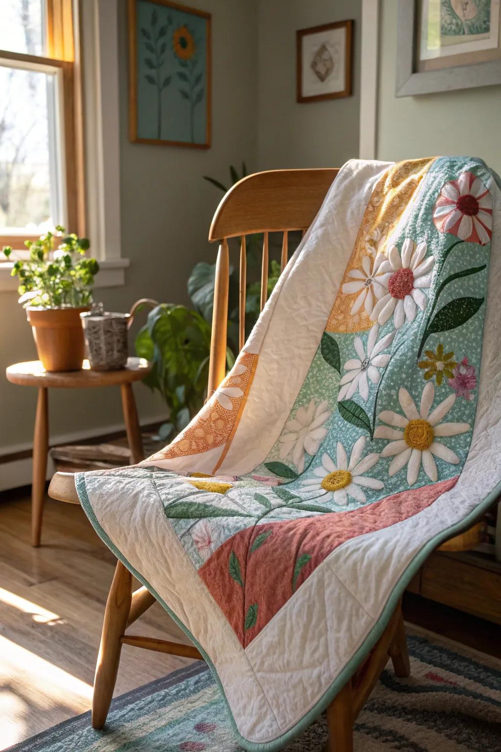 Embrace the beauty of nature with this stunning daisy-inspired art quilt, a perfect blend of craftsmanship and minimalist elegance.