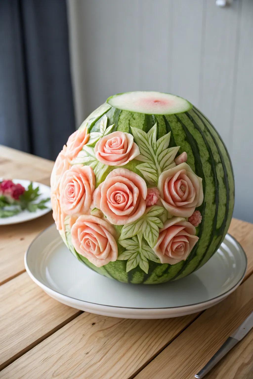 Floral Elegance: A stunning watermelon art piece, almost too pretty to eat!