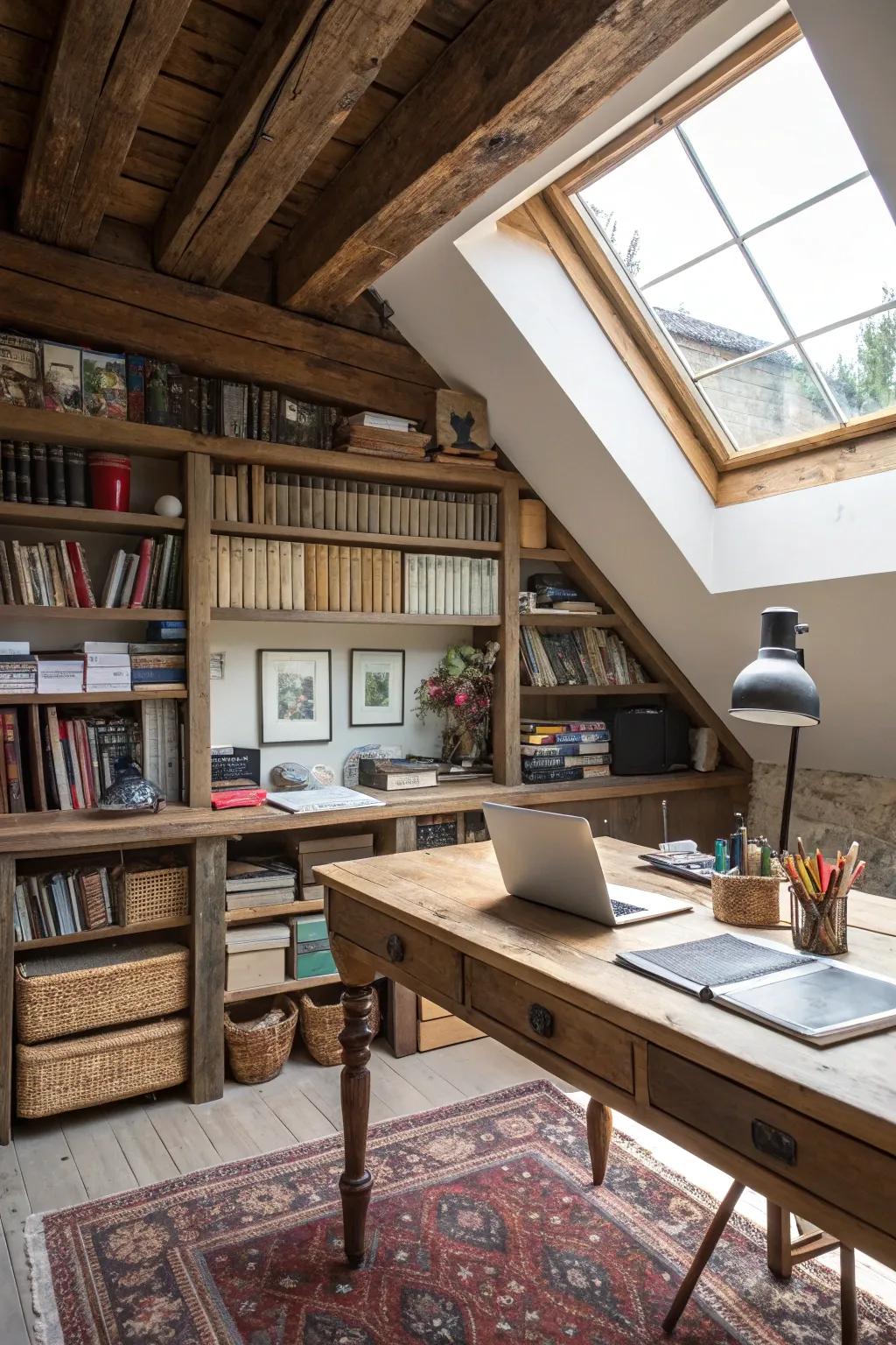A bright and organized home office in the attic.