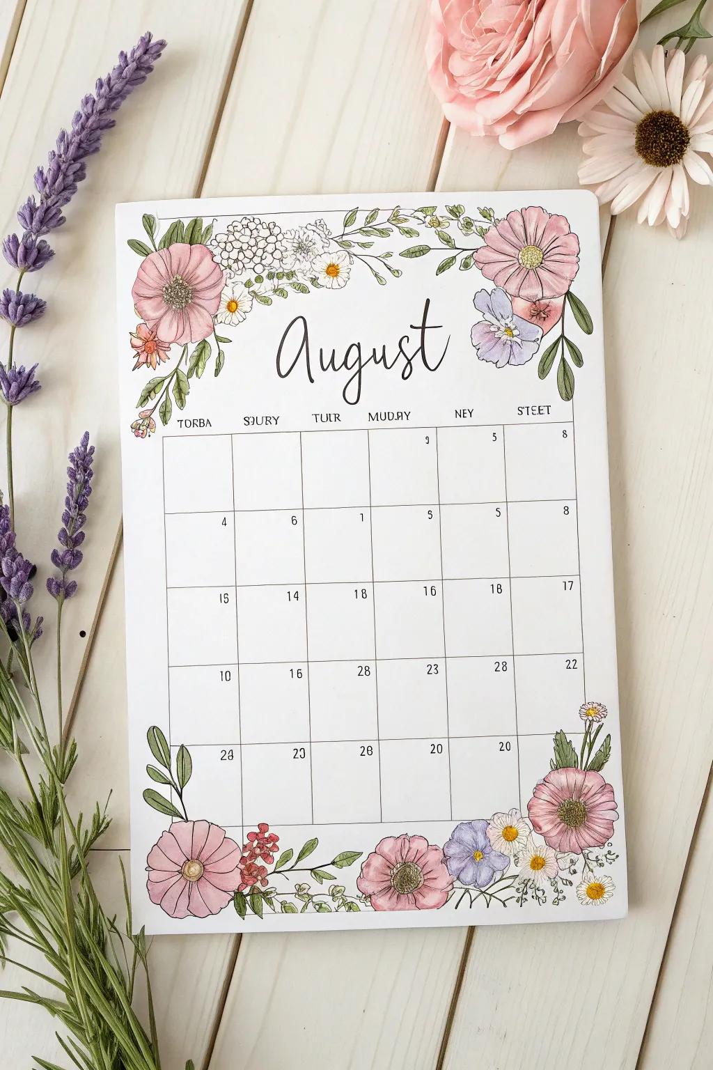 Transform your August planning into a Floral Fantasy with this beautifully crafted minimalist calendar!