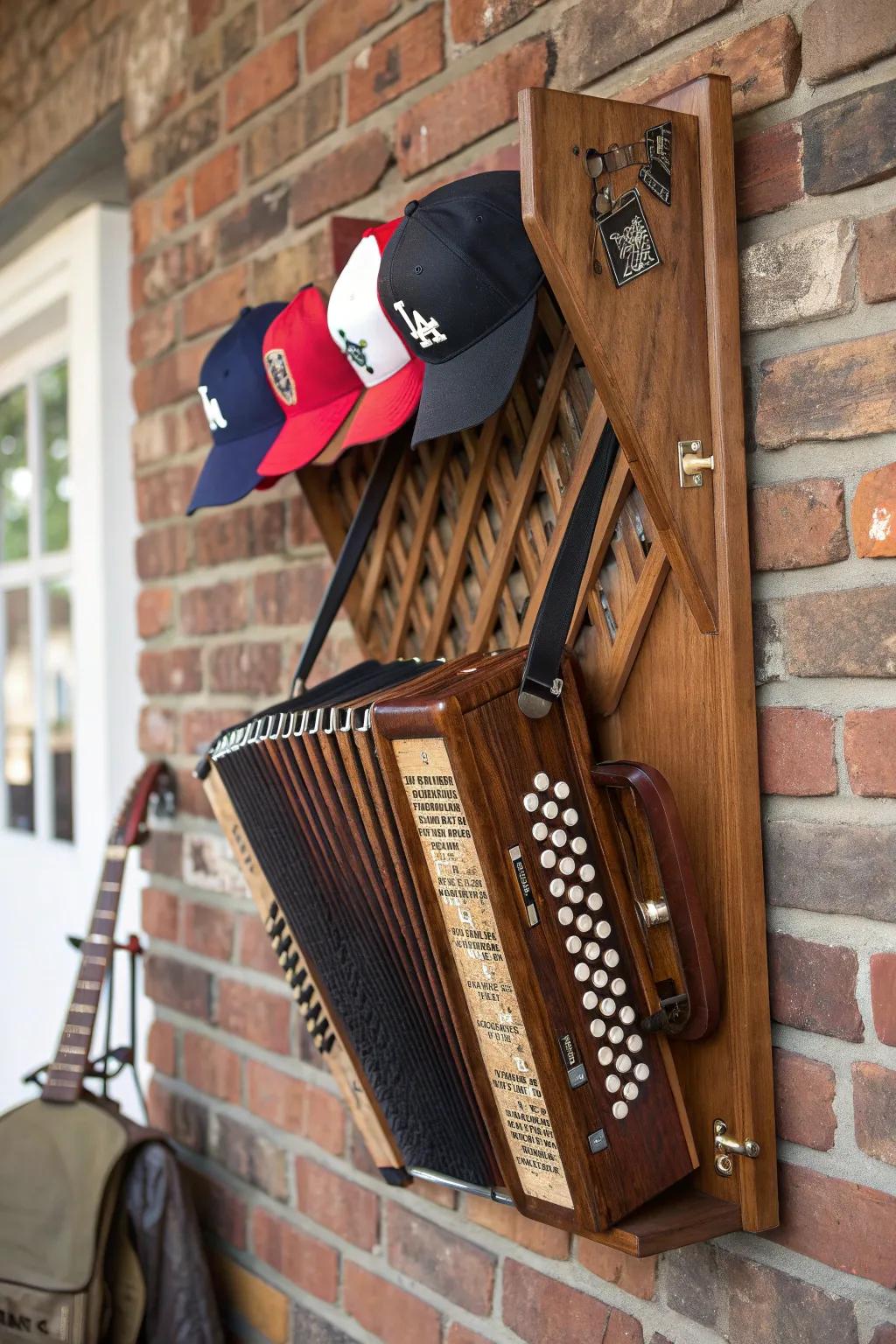 Showcase your style with a handcrafted accordion hat rack—functional art for your wall.