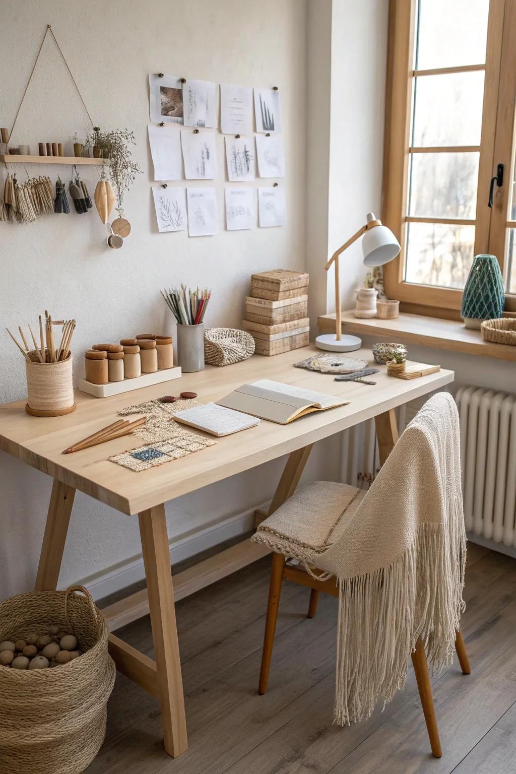 Transform your craft space with a minimalist workstation that inspires creativity and serenity.
