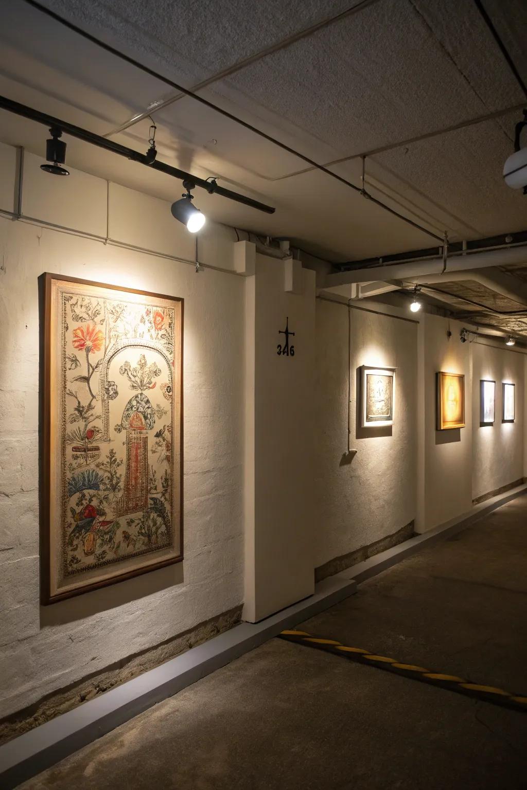 Accent lighting brings attention to artwork and features.