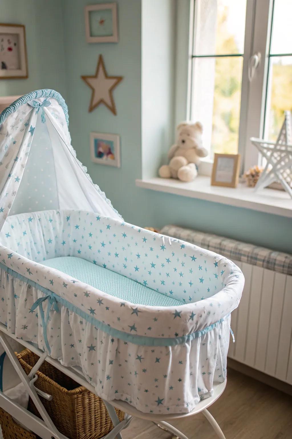 Whimsical star-patterned bedding for a cozy bassinet.