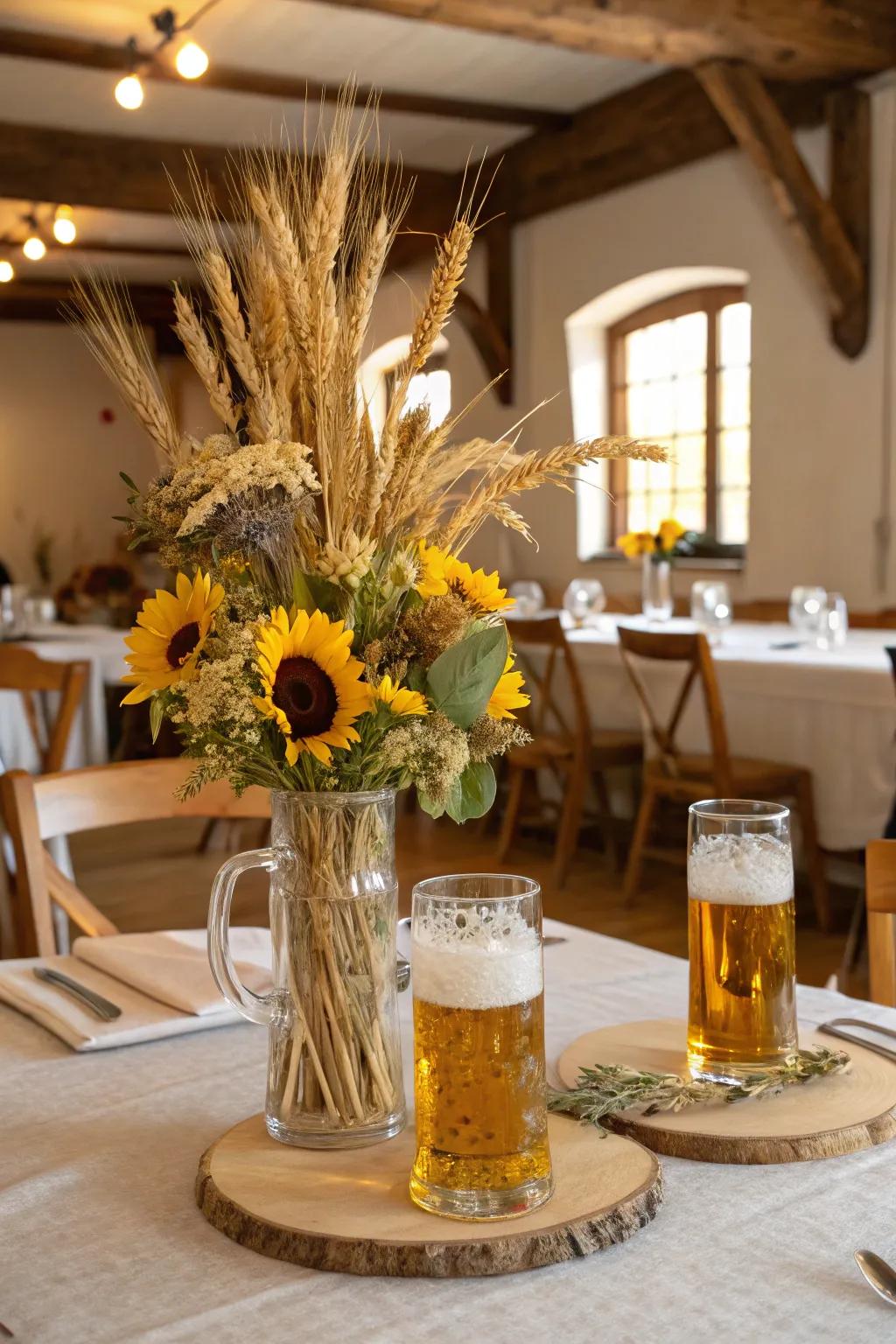 Rustic beer mug centerpieces bring charm to your table.
