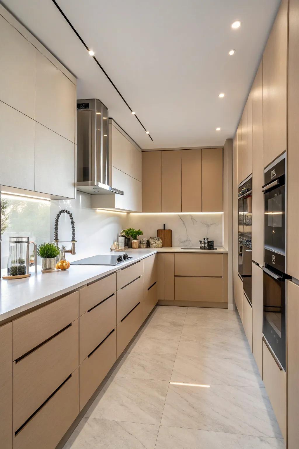 Modern minimalism with beige kitchen cabinets and sleek lines.