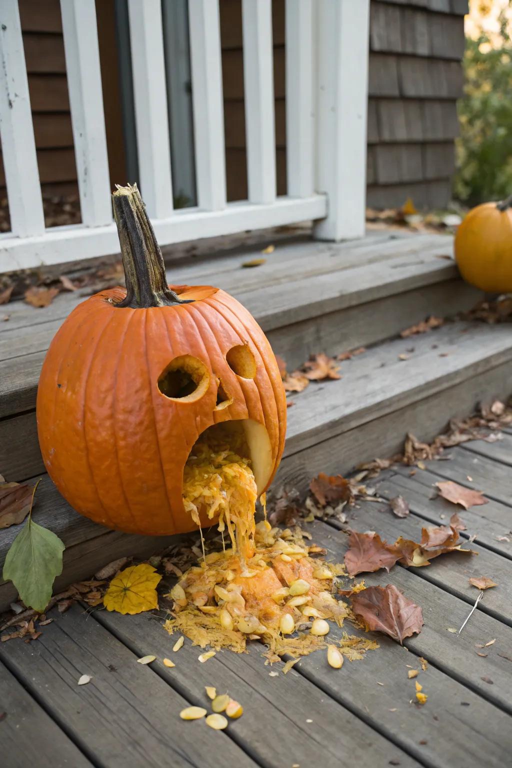 A humorous pumpkin design that appears to be vomiting its guts.