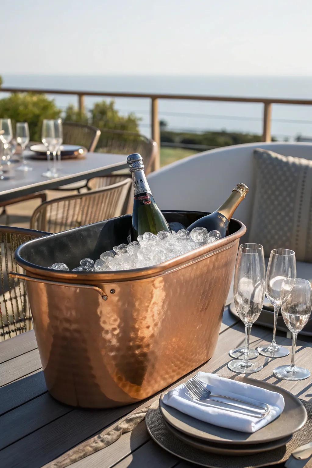 Copper tub creating a chic look for outdoor entertaining.