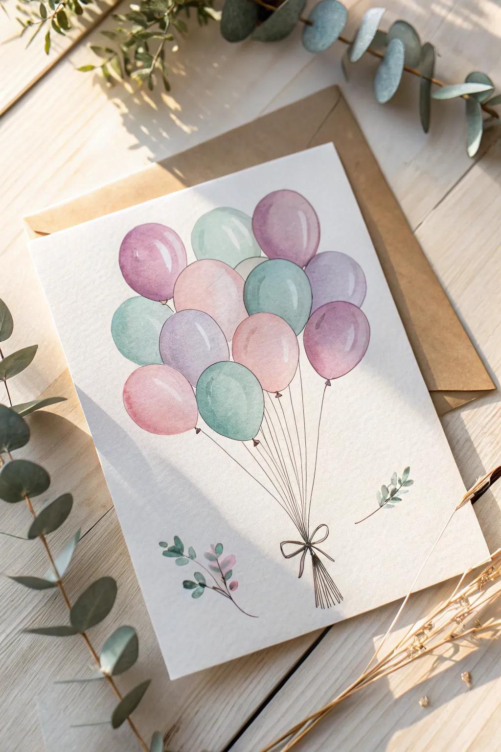 Celebrate with simplicity and charm: A minimalist birthday card adorned with pastel balloons for a touch of festive elegance.