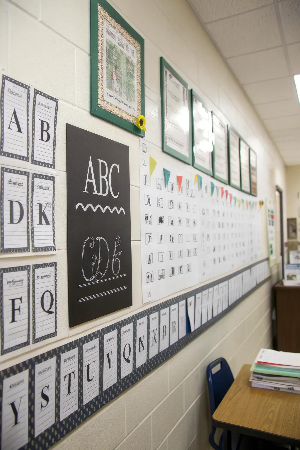 A classroom wall featuring chalkboard-style decor and alphabet charts.