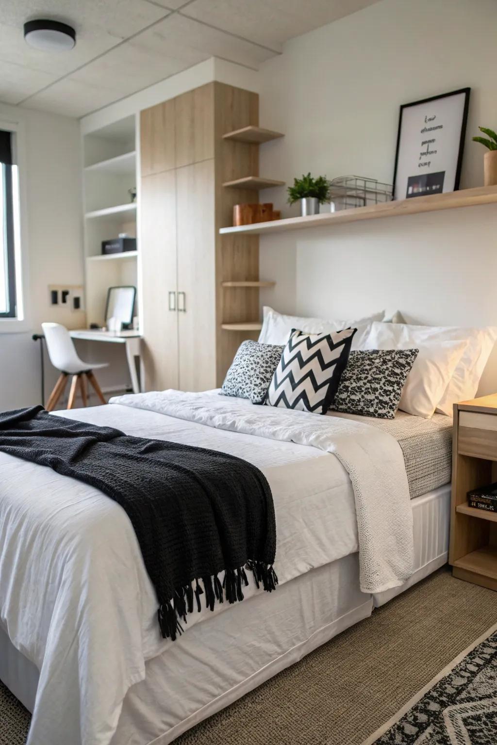 Layered bedding enhances comfort and style.