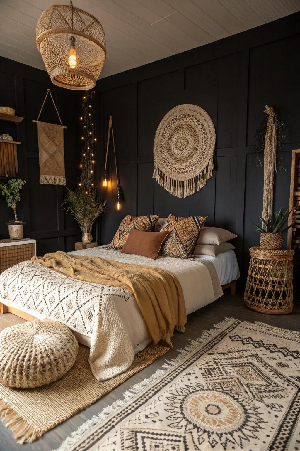 Earthy tones complement the dark base, creating a harmonious look.