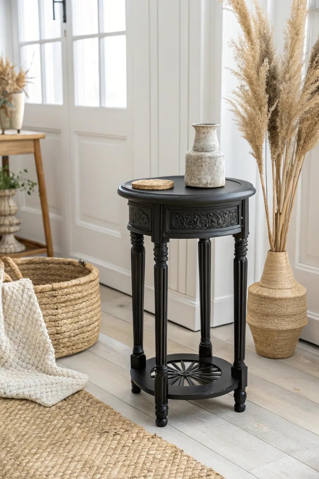 Elevate your space with a touch of timeless elegance—this black painted side table is the perfect minimalist accent.