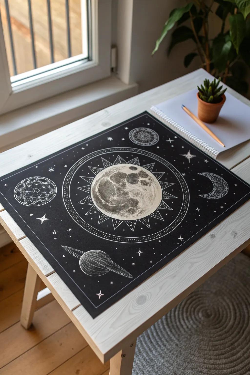 Unlock the magic of the universe with celestial wonders on black paper. 🌙✨ #CraftedElegance #MinimalistArt #BohoVibes