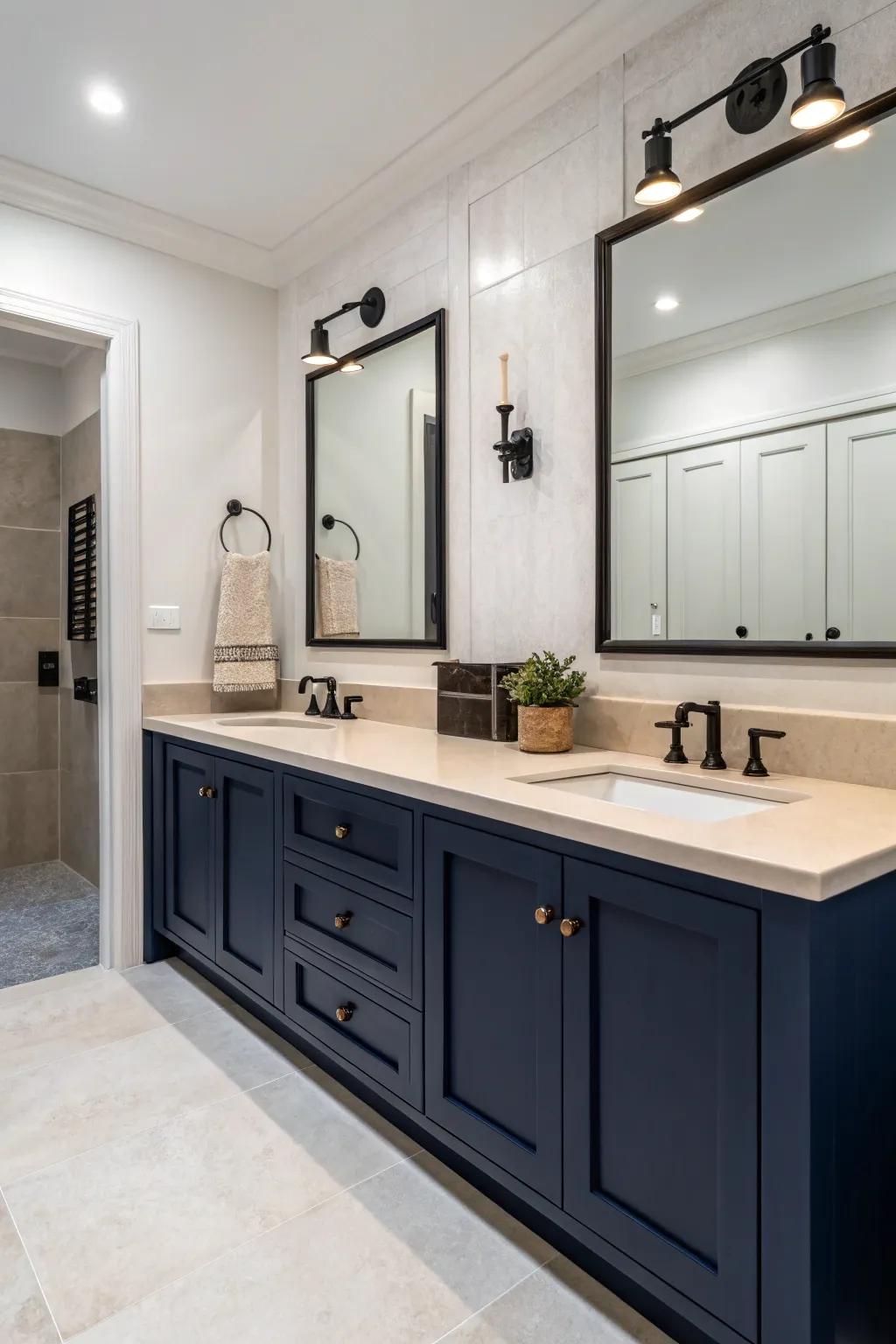 Achieve a modern look with navy blue and beige in your bathroom.
