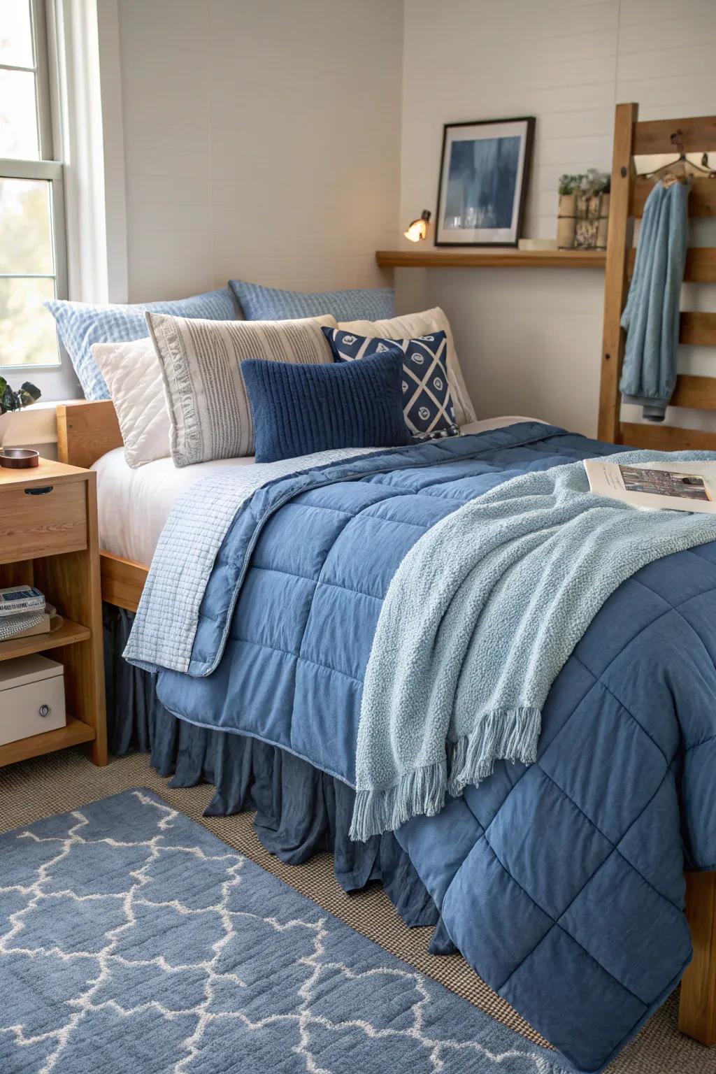 Layered blue bedding transforms your bed into a stylish focal point.
