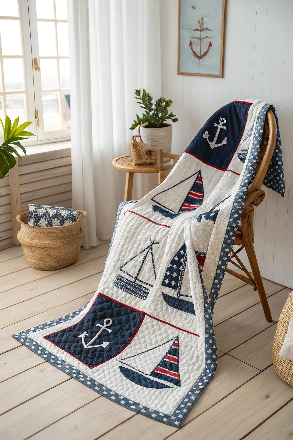 Bring coastal charm into your home with this stunning nautical-themed quilt.